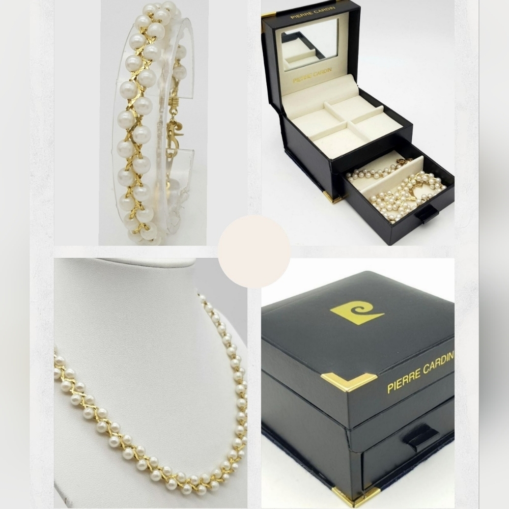 PIERRE CARDIN Gold and Pearl Necklace & Bracelet Gift Set IOB Cardin Jewelry Box - Picture 2 of 9